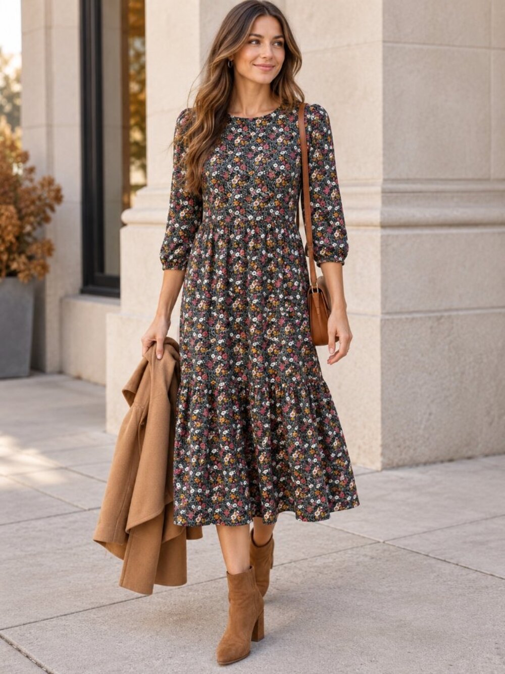 Charles Henry Floral Cottagecore Midi Dress Womens Size S Tiered Prairie Fall